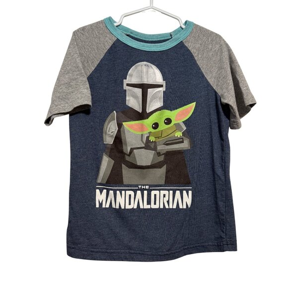 Star Wars The Mandalorian Child Graphic T-Shirt For Kids Raglan Sleeve Grey Blue - Picture 1 of 5